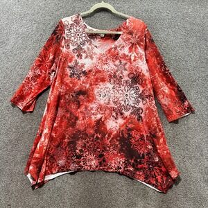 One World Tunic Blouse Top Women 1X Red Snowflake 3/4 Sleeve Artsy Winter